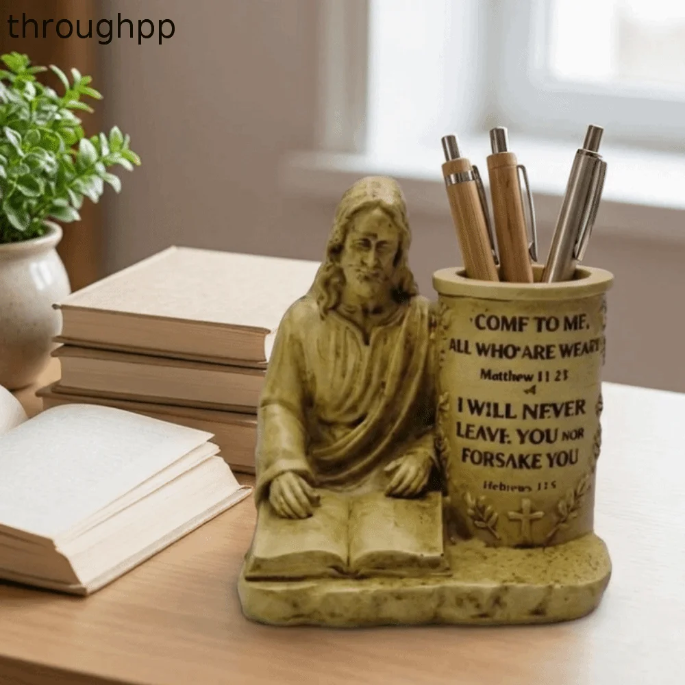 Vintage Resin Jesus Pen Holder Comforting with Verse Cross Pen Holder Spiritual Stationery Organizer for Office Desk