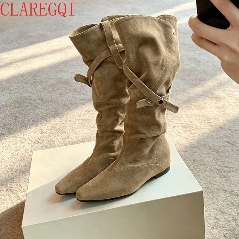 Fashion Leather Pointed Inner Height Increase Brown Fall BootsFolds Look Thin Cow Girl Boots Cosy Western Boots All Match