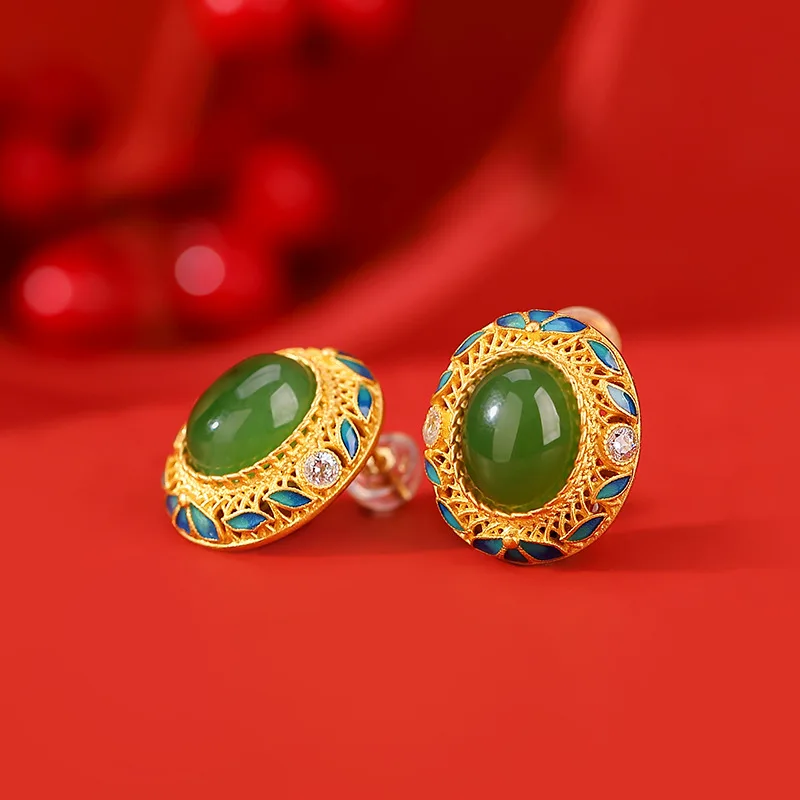 

Ancient gold craft Colorful enamel petal leaf oval earings stud Natural Hotan Jade green earrings for women wedding jewelry