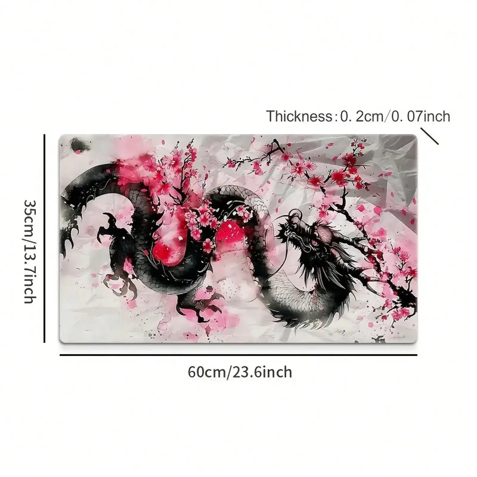Large Pink Cherry Blossom & Dragon Mouse Pad - Non-Slip Rubber Base Desk With Design, Pink/Black/White Gaming & Office Computer Accessory For PC, Laptop, Wrist (59.94x34.8cm / 23.5x13.6in)