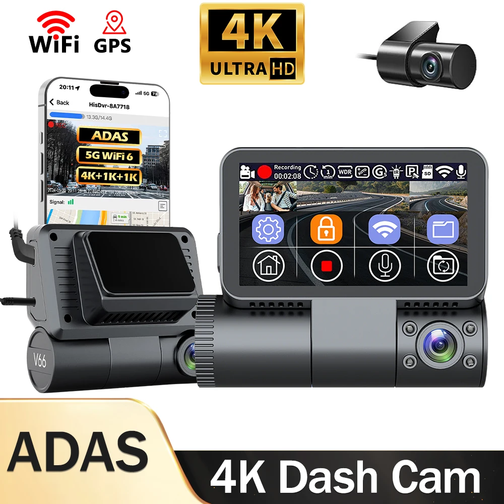 4K Dash Cam Built-in WiFi GPS ADAS HD Night Vision Driving Recorder Loop Recording Support APP Control 24H Parking Monitoring