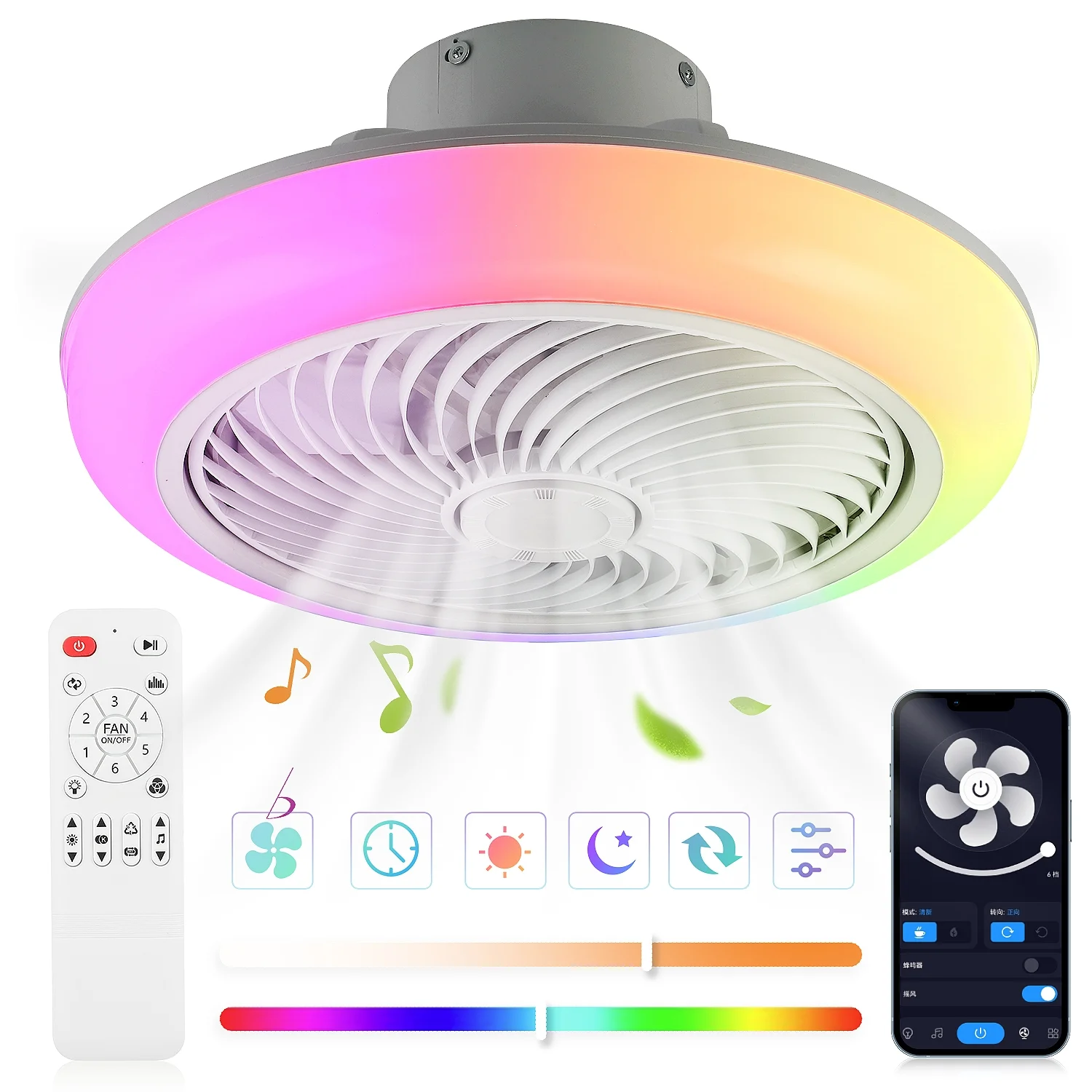 Deckenventilator mit RGB-Beleuchtung, Fernbedienung, App- und BT-Steuerung, LED-Deckenlampe für Schlafzimmer und Wohnzimmer, 45 cm, 60 W, dimmbar, ABS, sechs Windgeschwindigkeiten, Timer,
