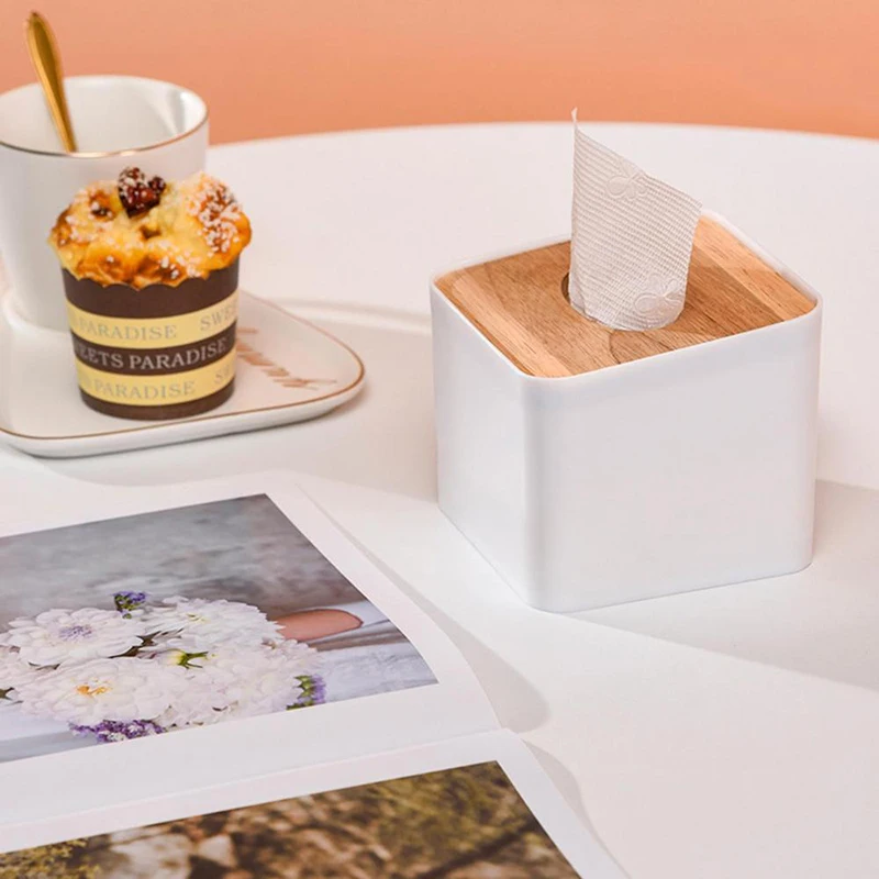 Distributeur de Mouchoirs en Papier Blanc avec Couvercle en Bois Lisse, Boîte à Serviettes pour le Visage