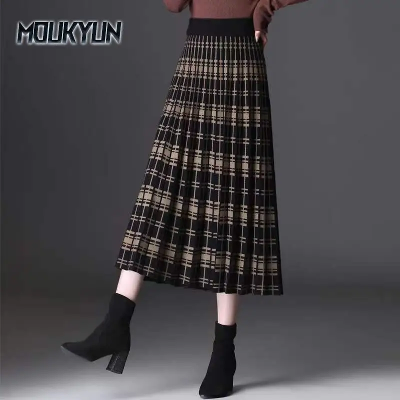 

Винтажные модные вязаные плиссированные юбки трапециевидной формы с принтом, женские классические высококачественные корейские универсальные осенне-зимние юбки