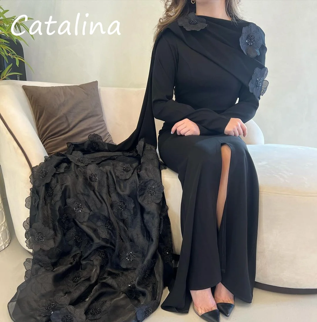 Vestidos de graduación negros con flores, cuello redondo, manga larga, vestido Evering para mujer, línea A, vestido de fiesta Formal personalizado de lujo de Arabia Saudita