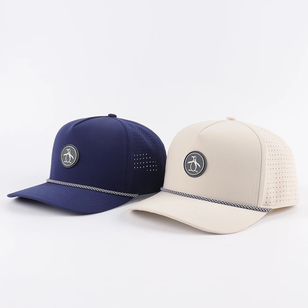 BSCI Factory  5 Panel Rubber Pvc Logo Rope Baseball Cap,Waterproof Laser Cut Hole Perforated Hat,Performance Sports Hat