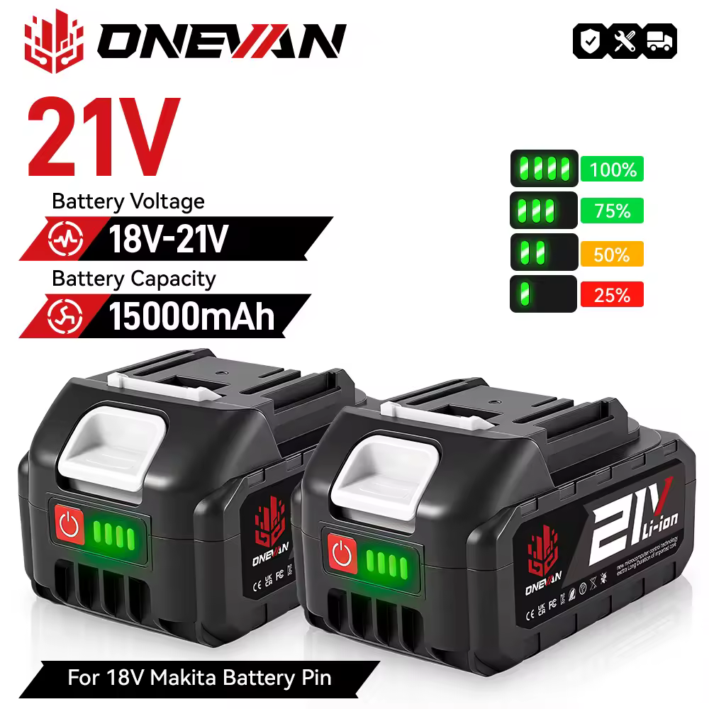 Аккумуляторная литиевая батарея ONEVAN 15000 мАч BL1850 BL1840 для беспроводных электроинструментов, дрелей и гаечных ключей, 21 В - 18 В.