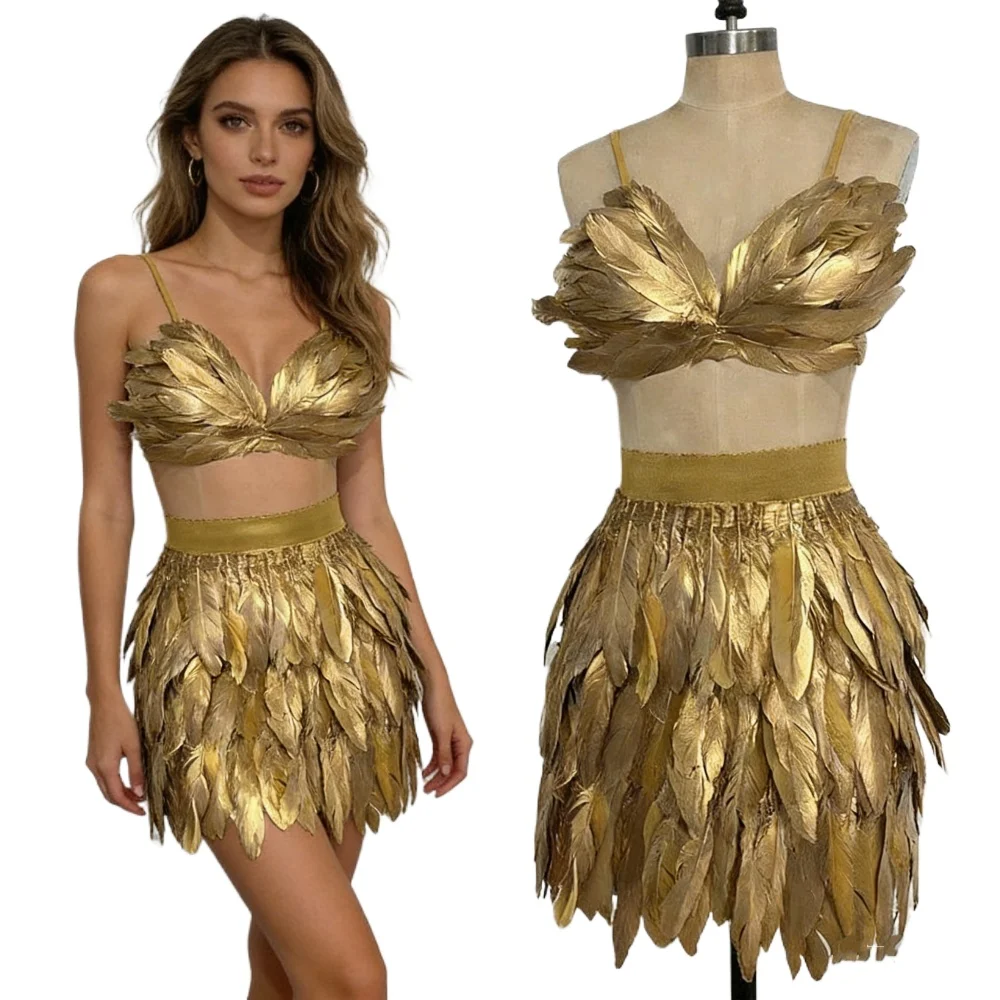 

Sexy Gold Feather Skirt Set for Women Carnival Party Singer Dance Costumes Ball Rave Outfit Fashion Feather Bra Short Skirt Set