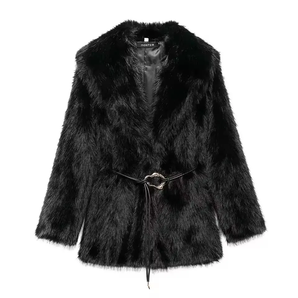 Women's Belt Decoration Faux Fur Coat Collar Solid Color Medium Long Coat Autumn/Winter New Long Sleeve Loose Coat Jackets