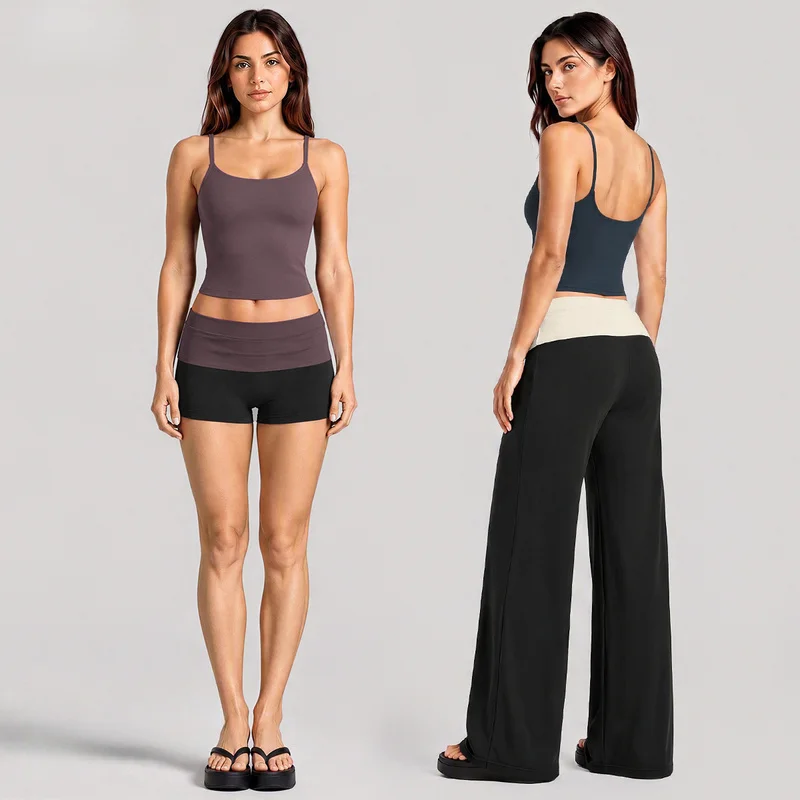 Women Fitness 2Pcs Active Suit Quick Dry Sleeveless Tank Top Stylish Back Color Block Waistband Wide Leg Pants Set Daily Workout