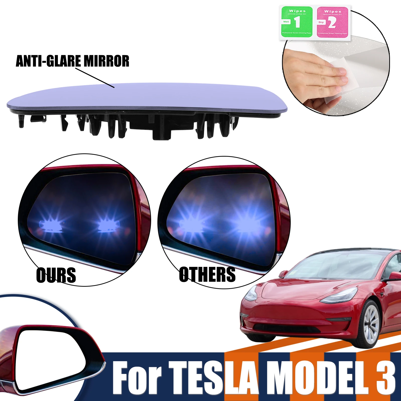 

For Tesla Model 3 2017-2024 Left/Right Wide Angle Mirror Rearview Mirror Lens Assessory Heat Waterproof Anti Glare Large Vision