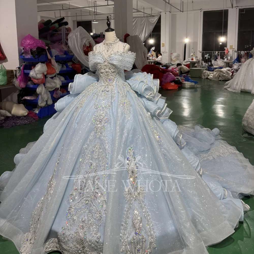 

Customizable High-Neck Blue Evening Gown Off The Shoulder Lace-Up Keyhole Back Crystal Beaded Luxury Dress For 2026