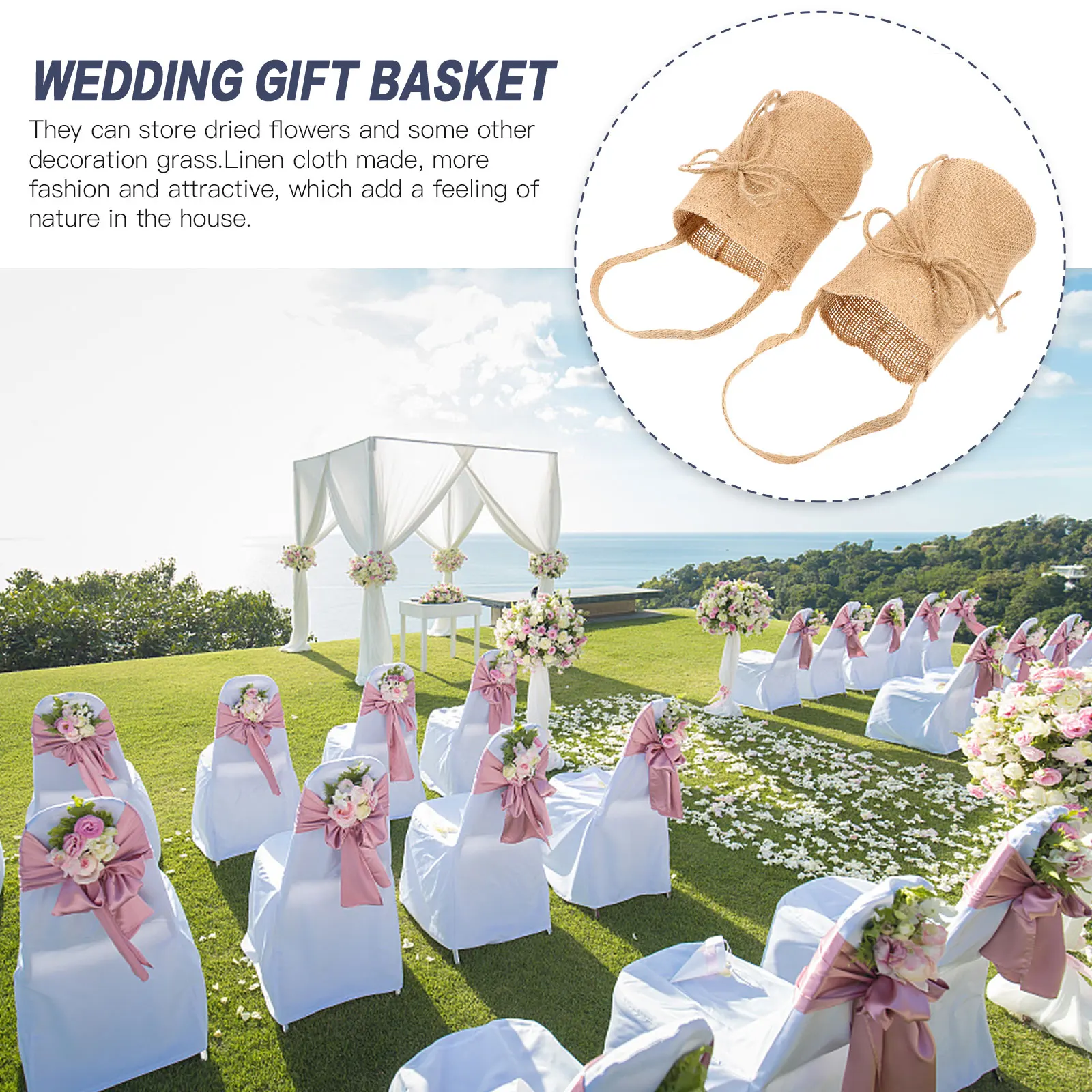 

2pcs Linen Storage Wedding Flower Burlap Candy Banquet Decorative Baskets Lightweight Wedding Party Storage Baskets
