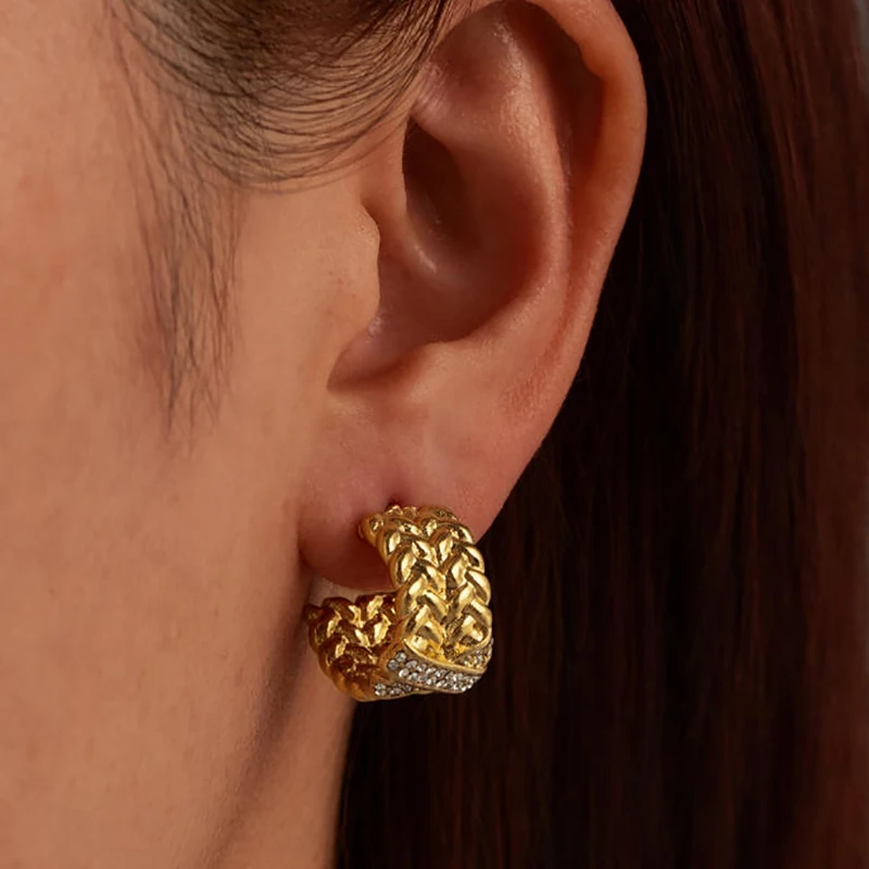 Stainless steel stud earrings, 18k gold diamond-encrusted earrings, cross-border fashion C-shaped Chopin chain earrings