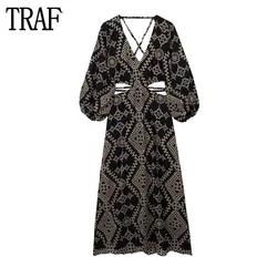 TRAF ricamo abito lungo donna nero Cut Out Dress donna manica a sbuffo abiti Midi per le donne Boho Backless Summer Dress donna