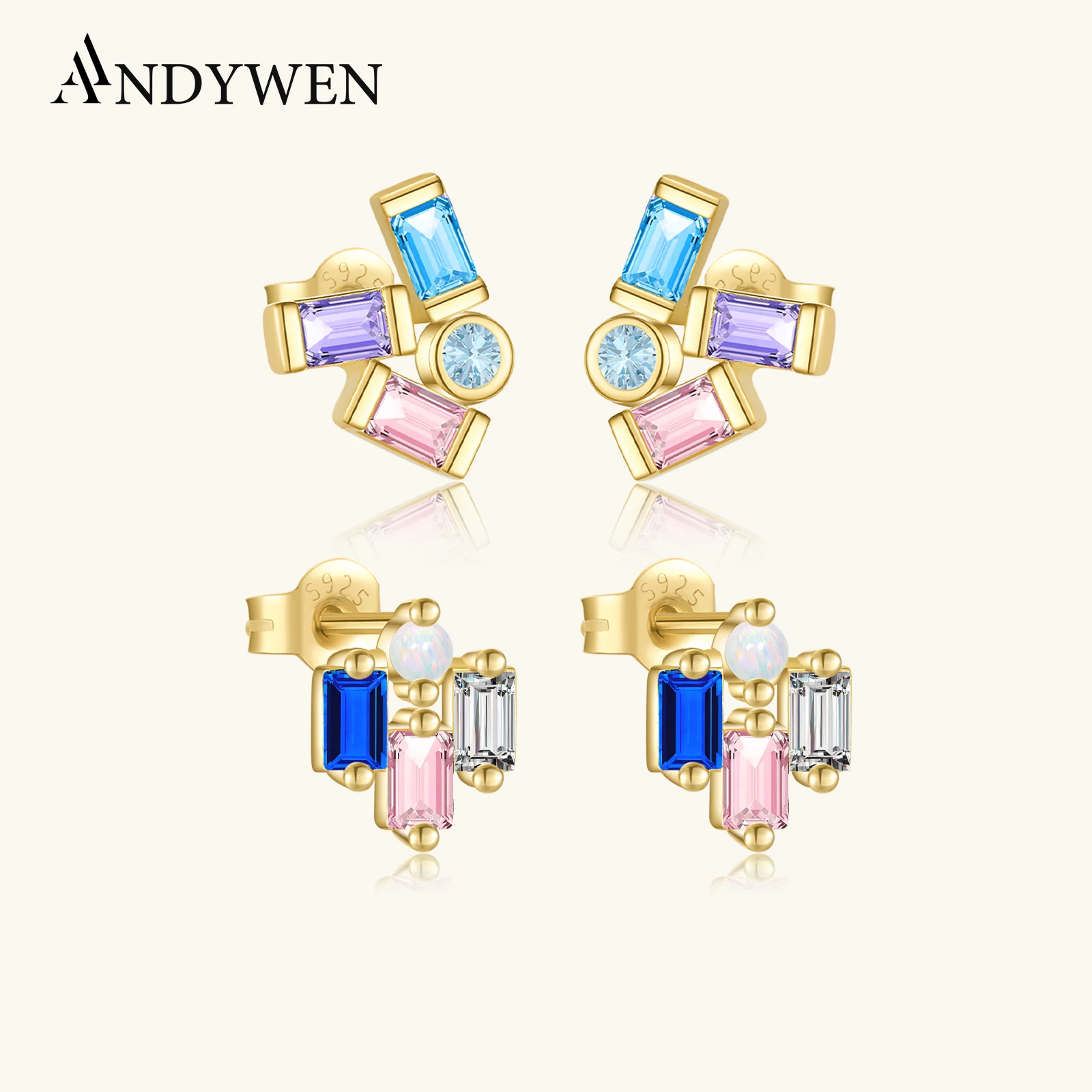 

ANDYWEN стерлингового серебра 925 пробы, нерегулярные геометрические красочные серьги-гвоздики с цирконием CZ, изящные модные ювелирные изделия, подарок для женщин