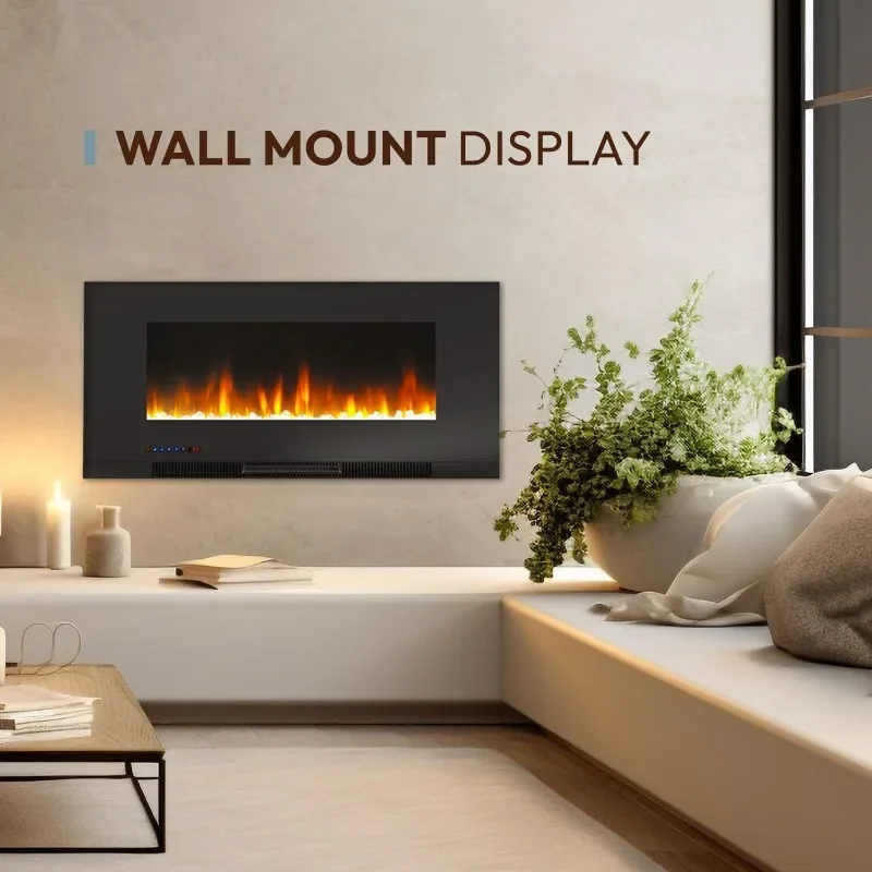 Wall Mounted Electric Fireplace Heater with Remote Control, Multicolor Flames, and Crystal Rock Display for Living Room, Bedroom