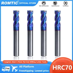 ROMTIC HRC70 4 플루트 밀링 커터, 텅스텐 스틸 카바이드 블루 나노 코팅 플랫 엔드 밀, CNC 머시닝 엔드밀 도구