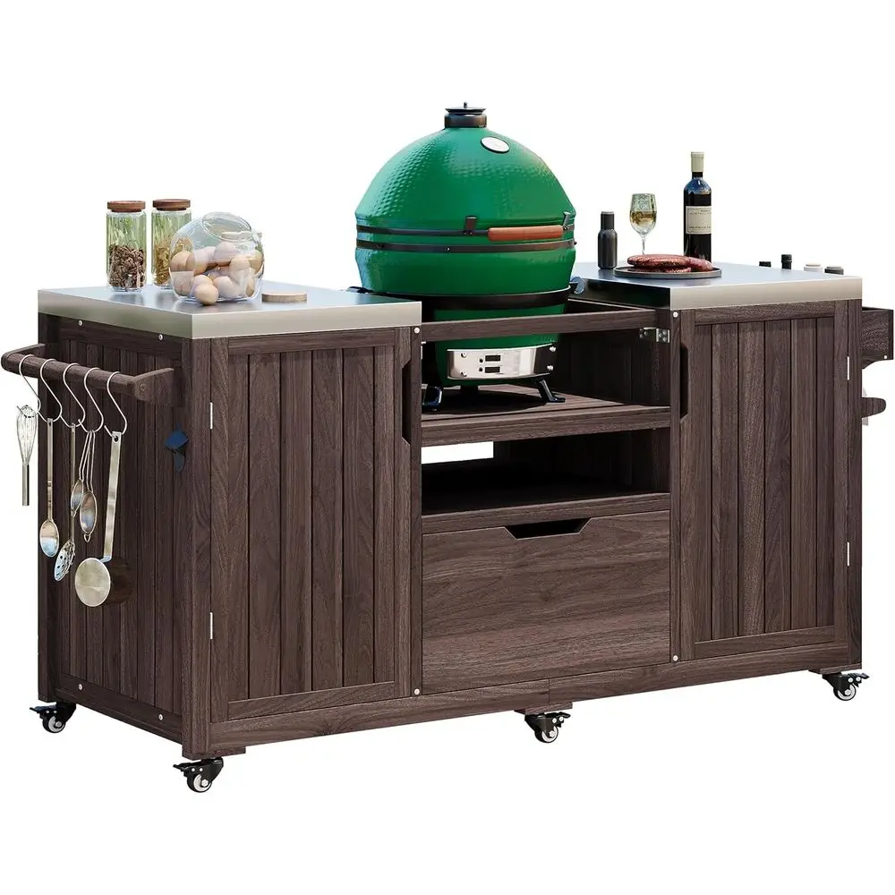 

Stainless Steel Top Outdoor Grill Table, Solid Wood Kitchen Island, 66.5 Rolling Cart with Storage & Spice Rack, Brown