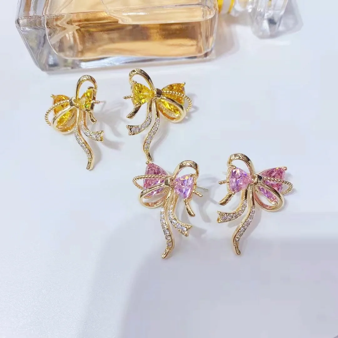 

925 Silver Needle Luxury Heart Bowknot Multicolor Gemstone Stud Earrings, Elegant Bridal Wedding Party Jewelry Gift for Women