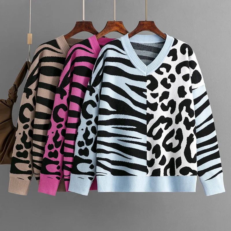 

Sweater Women Pullover Knitting Top V Neck Leopard Print Casual Jumper Knitwear 2025 Autumn Winter Office Lady Knitted Tops