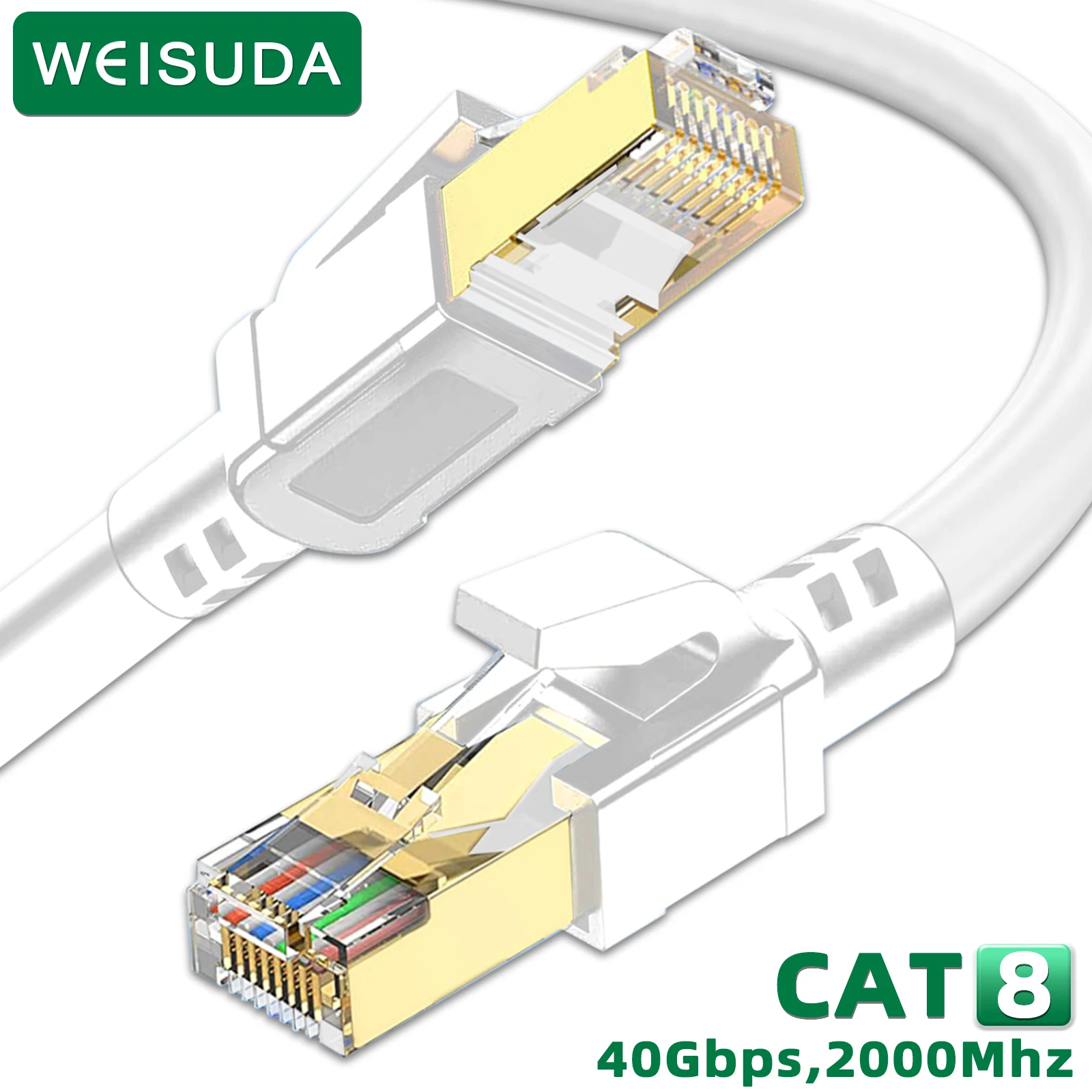 Alta Velocidade Cabo Ethernet CAT8, SFTP Cabo de Rede Internet, RJ45 Blindado Patch Cord, 40Gbps, 2000mHz