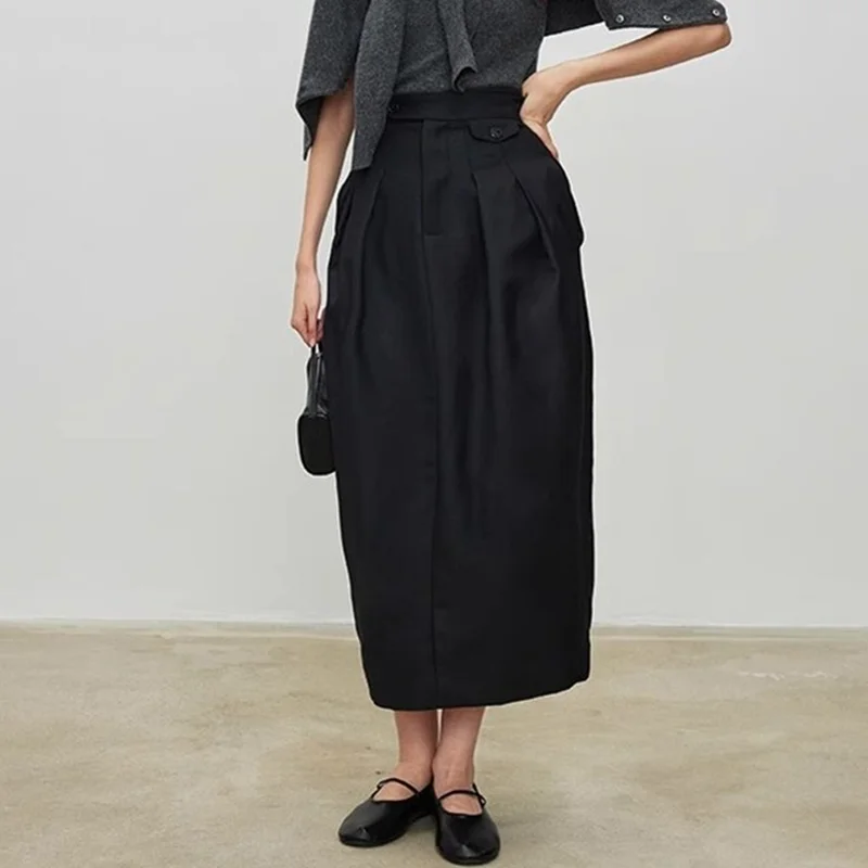 กระโปรงทรงเอวสูงจีบสีดำสไตล์มินิมอลแบบฝรั่งเศสของเจนนี่แอนด์เดฟ  ชุดสูทผ้าขนสัตว์สำหรับผู้หญิง  กระโปรงทรงหรูหรา