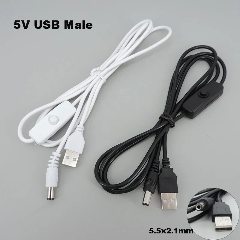 DC 5V USB Mannelijke verlengsnoer naar DC mannelijke 5.5x2.1mm Kabel met aan/uit knop Schakelaar draad Voeding Opladen 1.5m W28