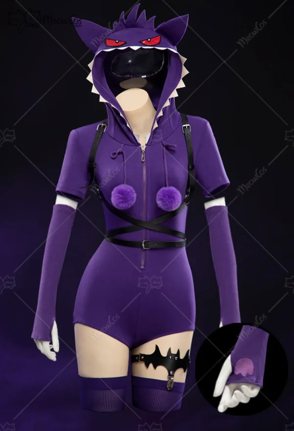 

MEOWCOS Women's Purple Ghost Sexy Romper Bodysuit Hooded and Stocking with Belt and Tail Halloween Cosplay Costume