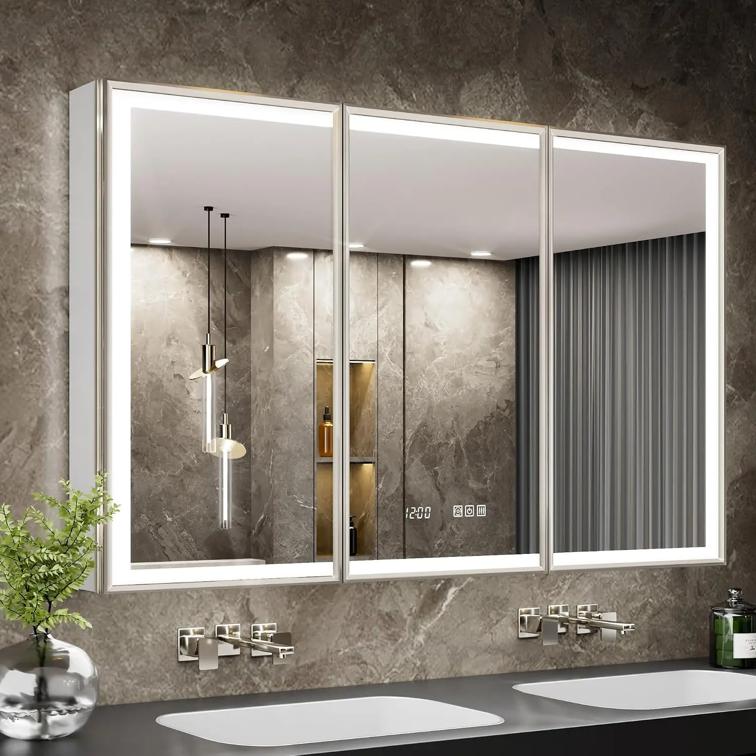 Lighted Aluminum Bathroom Cabinet, Surface or Recessed Mount, Dimmable 3 Color Temp, Defog, Outlet, Clock, Sensor Inner Light