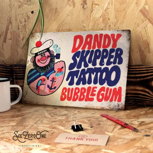 Dandy skipper tattoo metal sign. Worn rusty look print retro bubble gum 70;s 80s-Aluminum