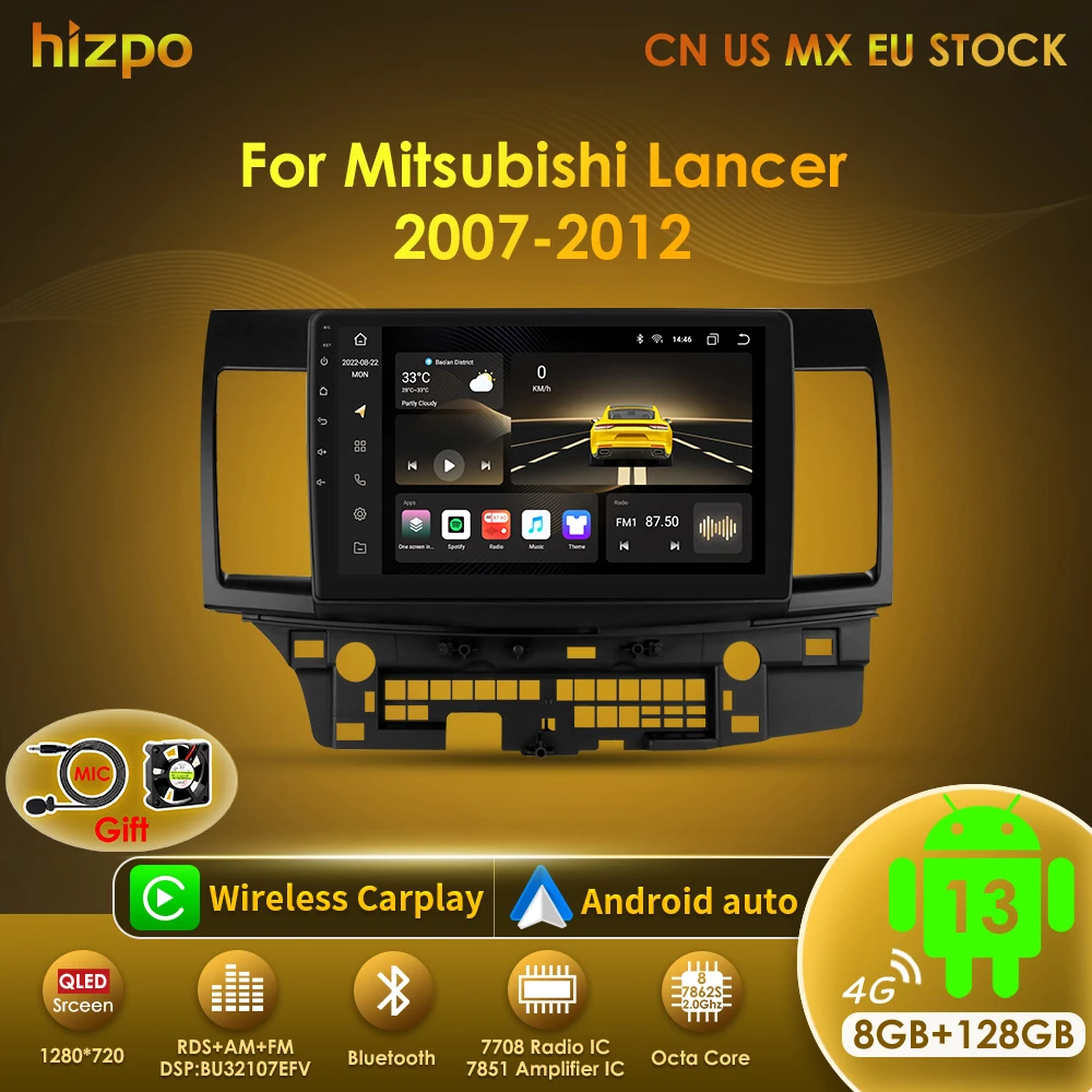 Hizpo Android 13 Car Multimedia Player For Mitsubishi Lancer 2007-2012 10.1 Inch 2DIN Wifi Navigation GPS Radio Video Stereo RDS