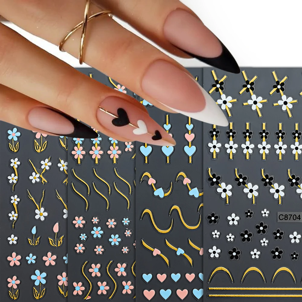 Gold Wave Line Heart Nail Art Stickers Metal Curved Stripe Floral Adhesive Slider Valentine's Theme Decals Manicure Decoration