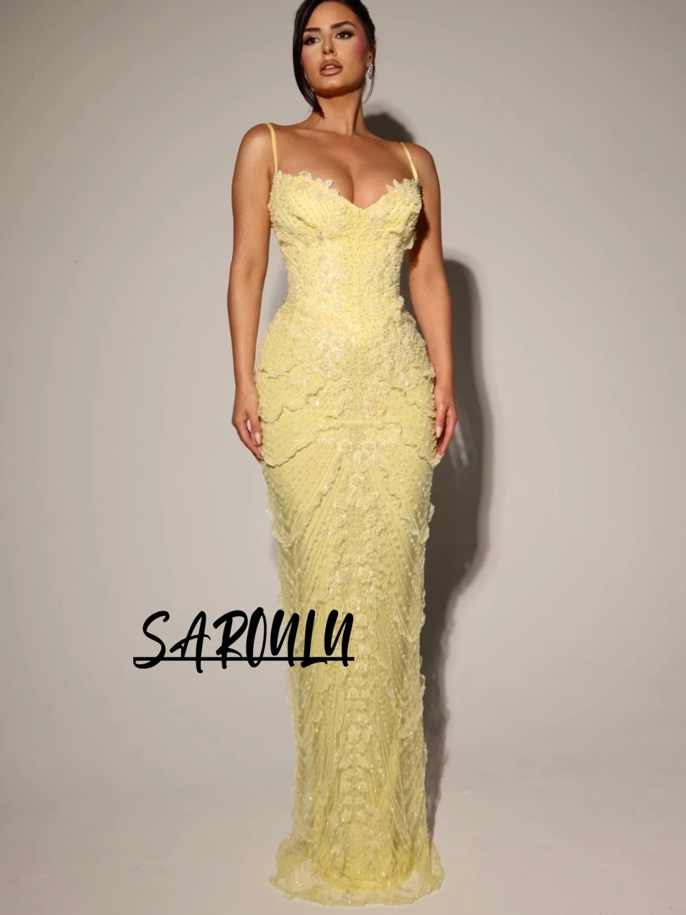 Lemon Yellow Sweetheart Mermaid Evening Dress Charming Beaded Lace Spaghetti Straps Customized Prom Gown With Satin Cape