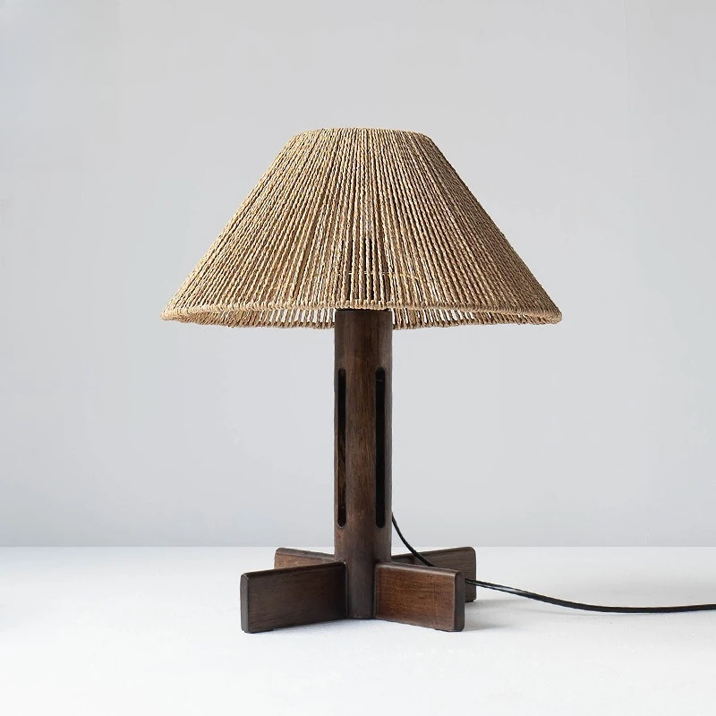 Wabi Sandy wind solid wood desk lamp, rattan hemp rope bed and breakfast bedroom bedside lamp