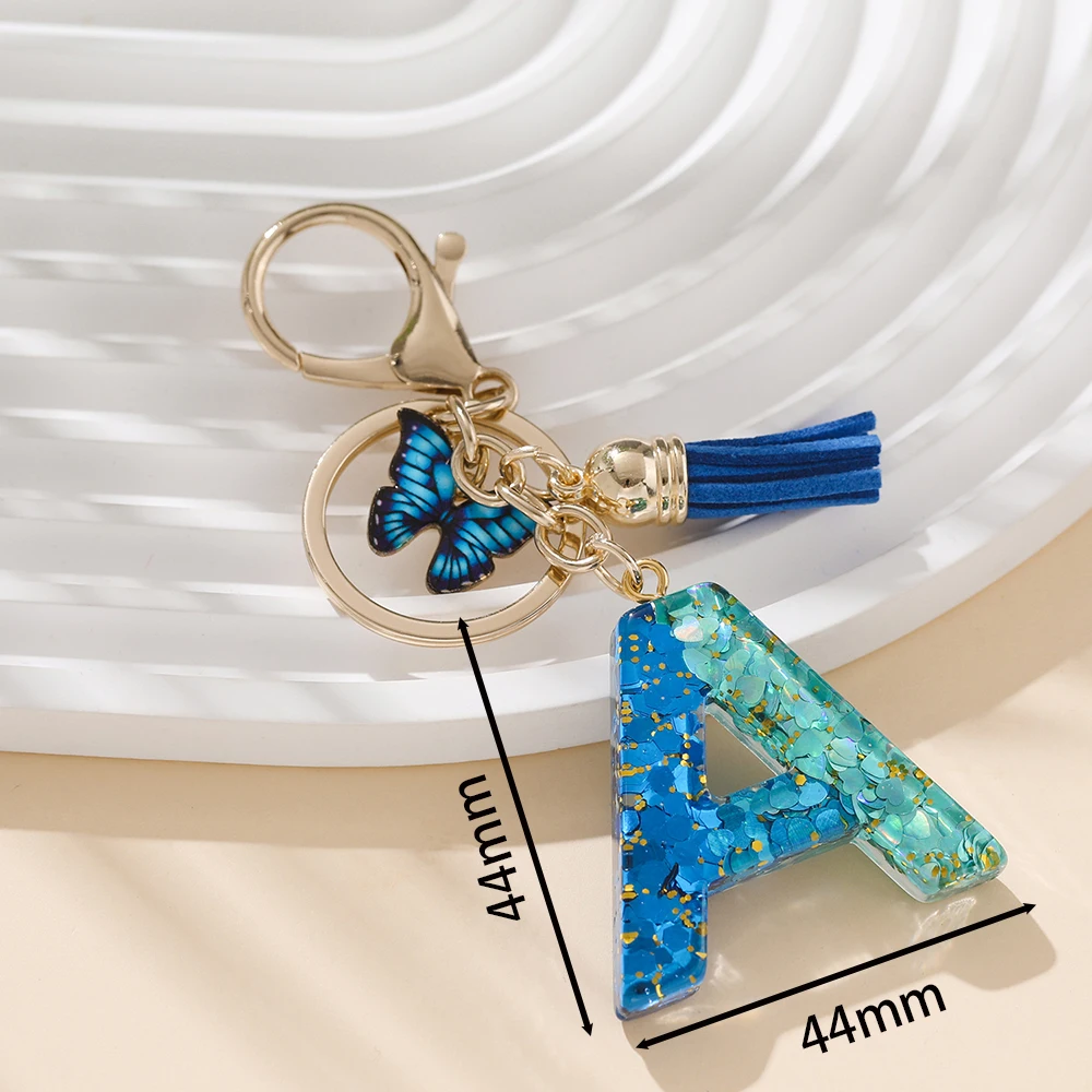 1pc Blue Resin Alphabet Keychain Butterfly & Tassel Letter Key Chains for Gifts Backpack Charm Accessory Key Ring Findings