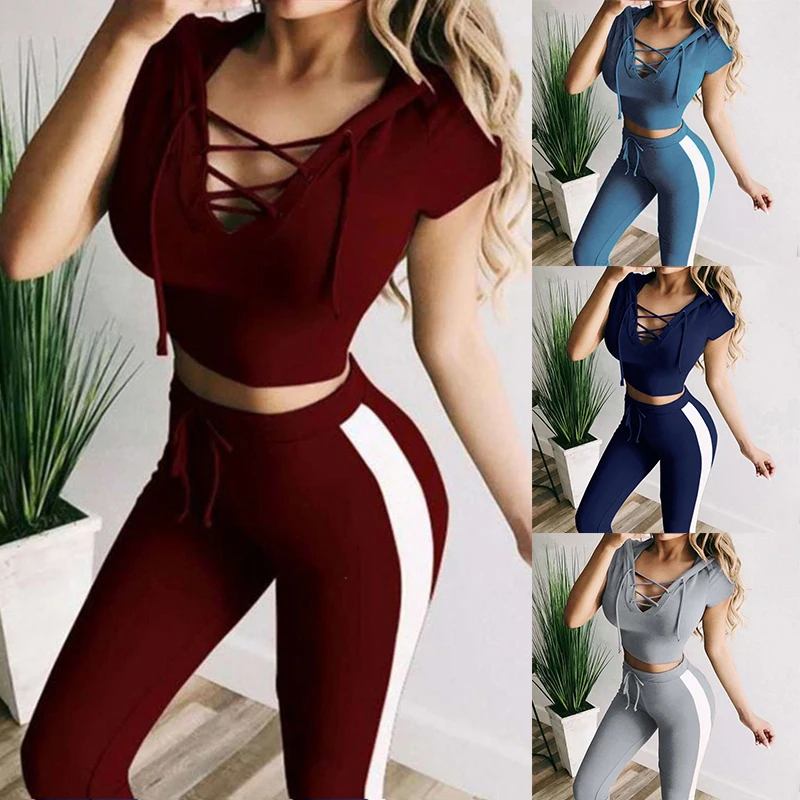 Feminino casual esportes terno top colheita yoga aptidão leggings esportes com capuz + calças senhoras de duas peças