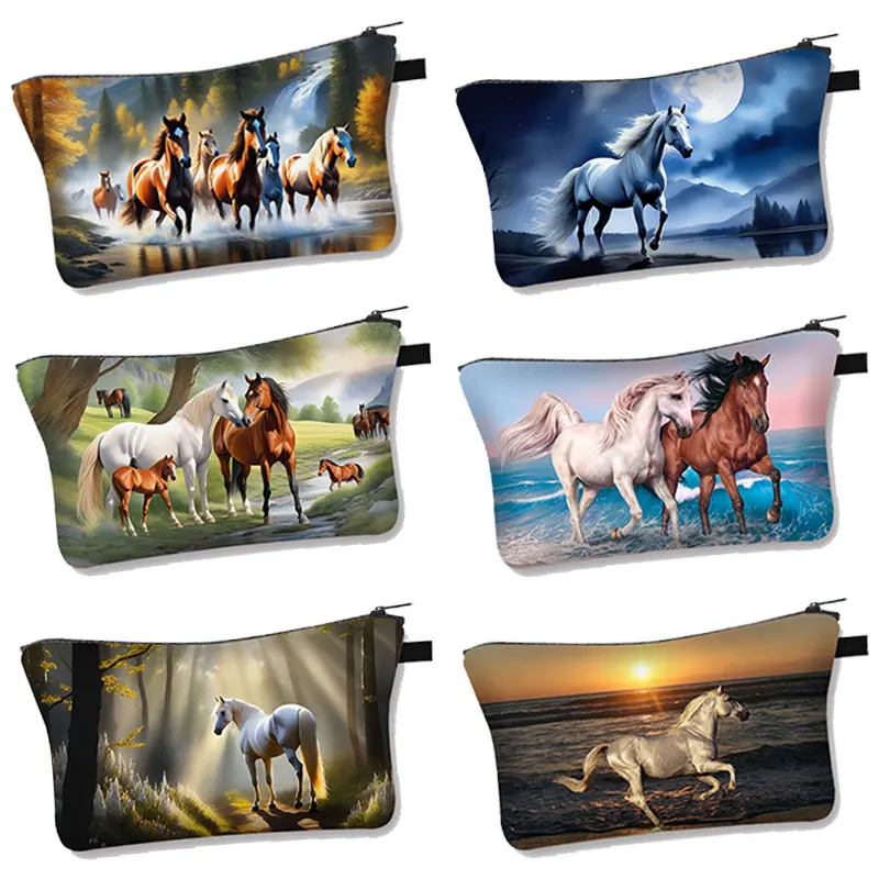 Galloping Steed Horse Print Home Storage Bags Cute Pony Women Toiletry Kit Girls Cosmetic Cases Makeup Bag for Travel Gift