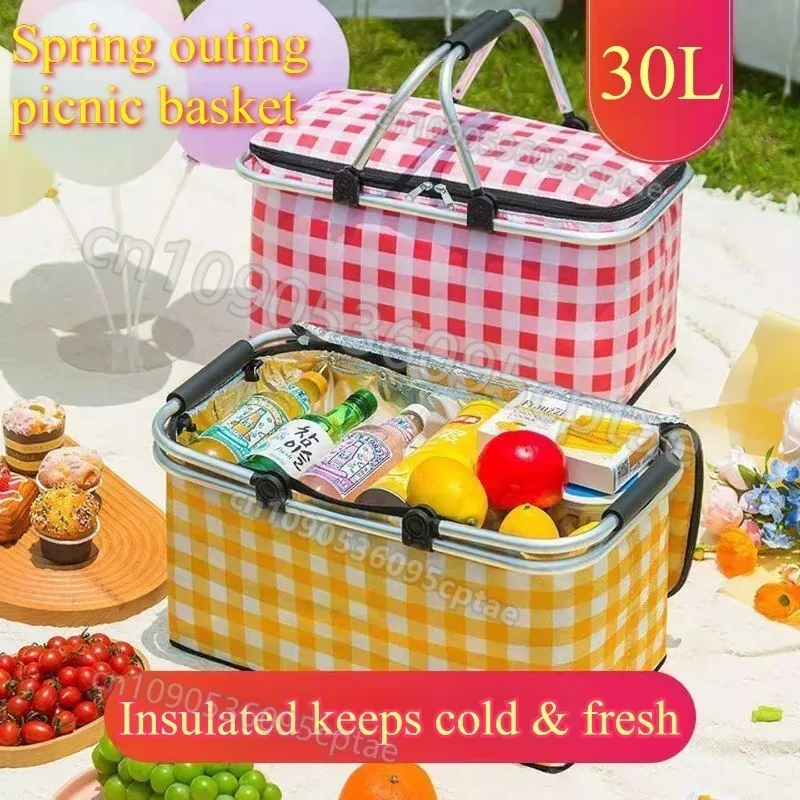 

Ретро-сумка для обеда в пасторальном стиле, складная, для кемпинга и пикников на открытом воздухе, термоизолированная, для хранения еды, напитков и закусок, сохраняющая свежесть