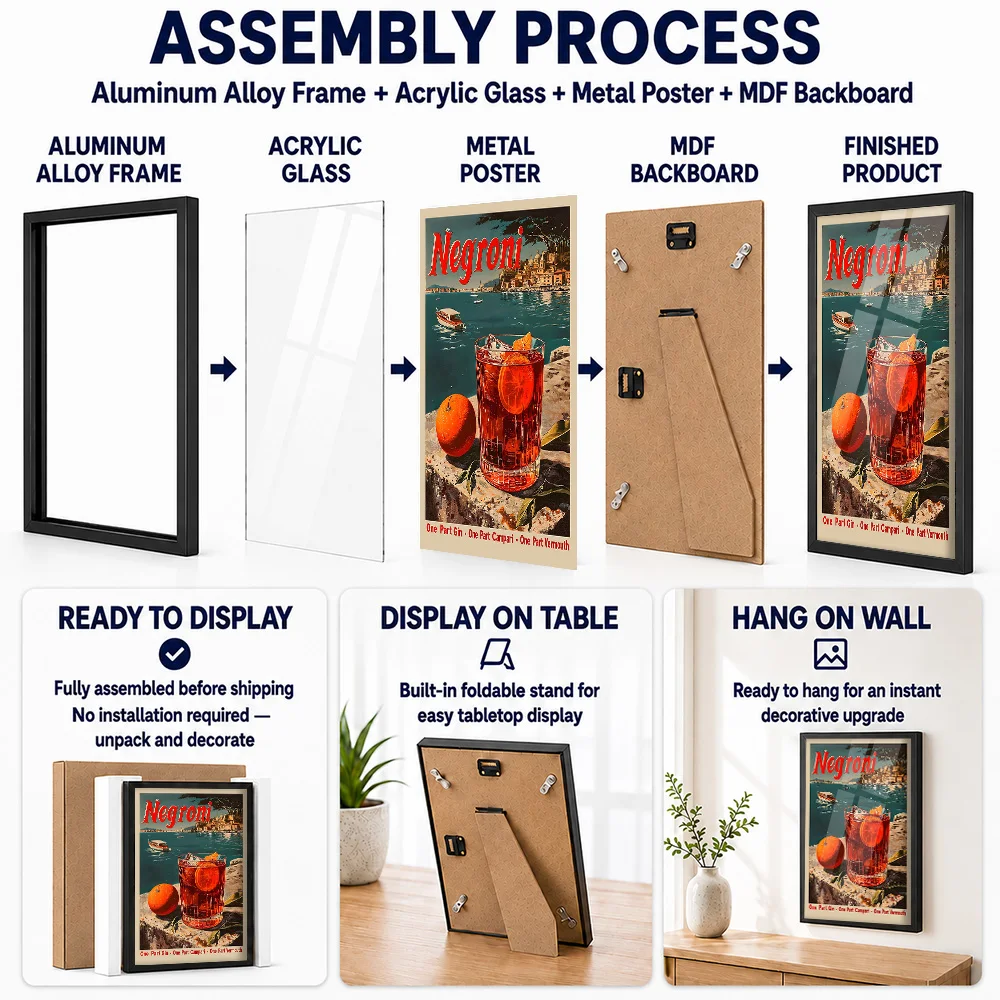Classic Negroni Cocktail Metal Poster With Aluminum Alloy Frame Personalized Photo Modern Mixology Style Wall Art For Home Bar