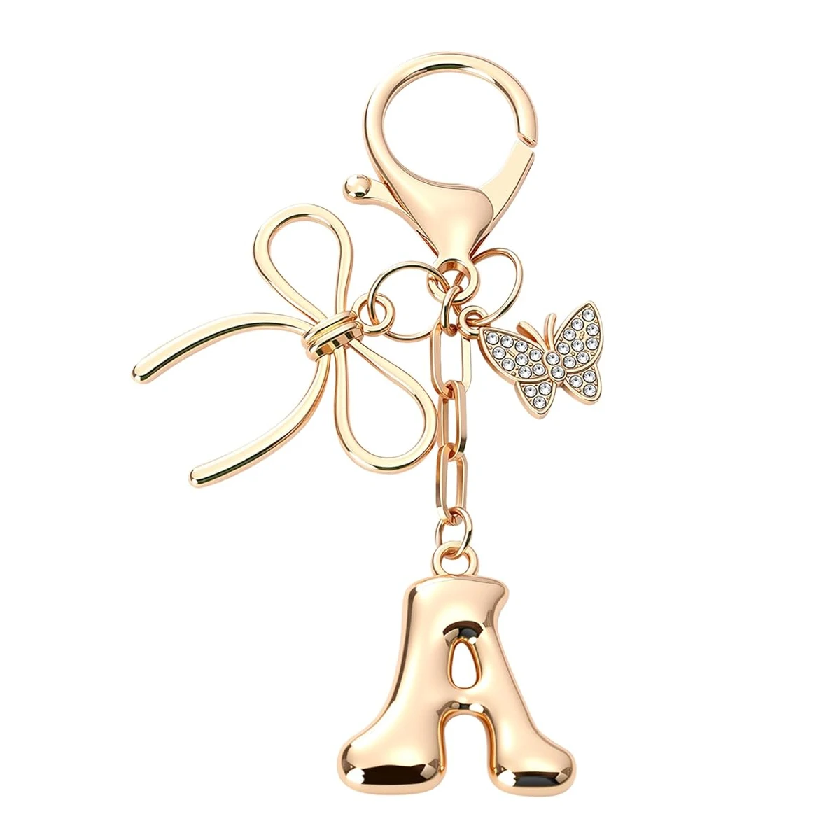 Porte-clés initial en forme de bulle avec nœud et papillon - Breloques de sac en lettres dorées pour femmes, accessoires mignons pour sacs à main