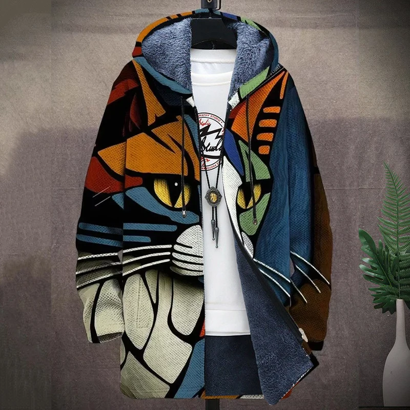 Men'S Art Cat Graphic Winter Coat Print Pattern Knitted Sweater Cardigan Zipper Hooded With Thick Fleece For Youth