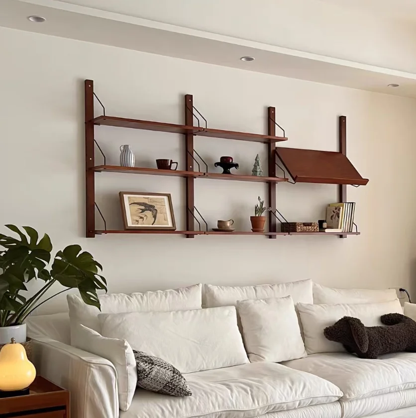 Study Tea Room Bookshelf Storage Rack Solid Wood Shelving Unit Living Room Wall Decorative Display Rack Retro Hanging Rack