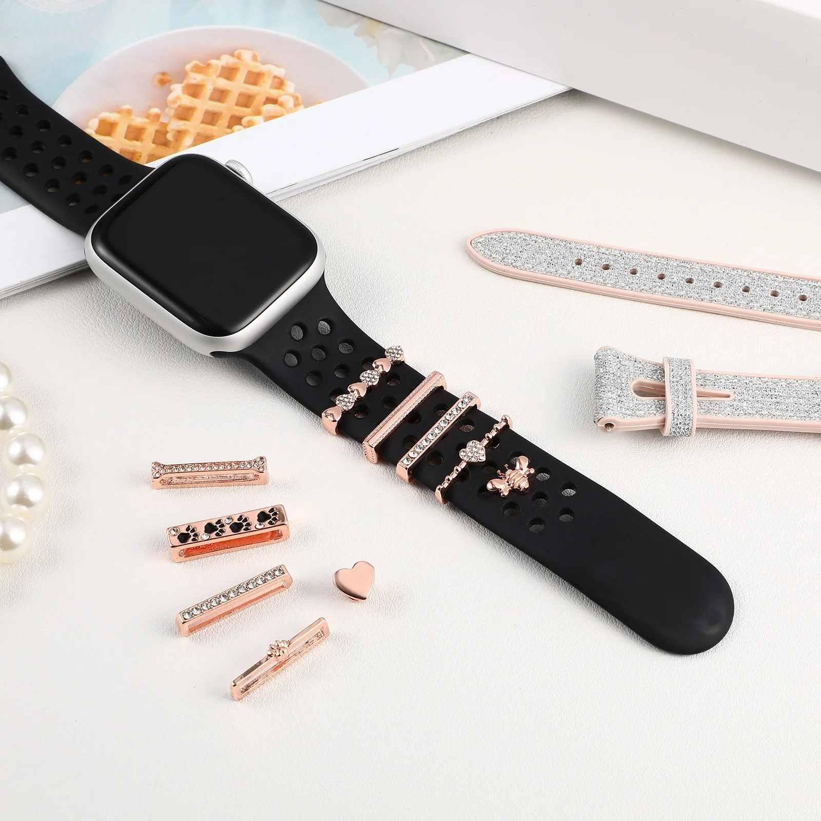 

Rhinestone Cartoon Watchband Charms 10Pcs Silicone Decorative Loops for Watch Strap Bracelet Jewelry Accessory Gift