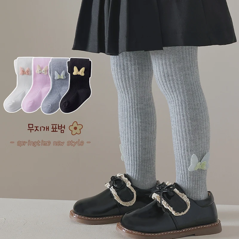 Lovely Girls Spring Autumn Vertical Stripe Pantyhose Decorated With Rabbit Ear Bow Ornaments Soft Elastic Skin-Friendly Leggings