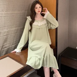 5XL Plus Size Autumn Spring Cotton Nightdress Female Lace Sweet Long Sleeve Pajamas Loose Loungewear Princess Style Home Clothes