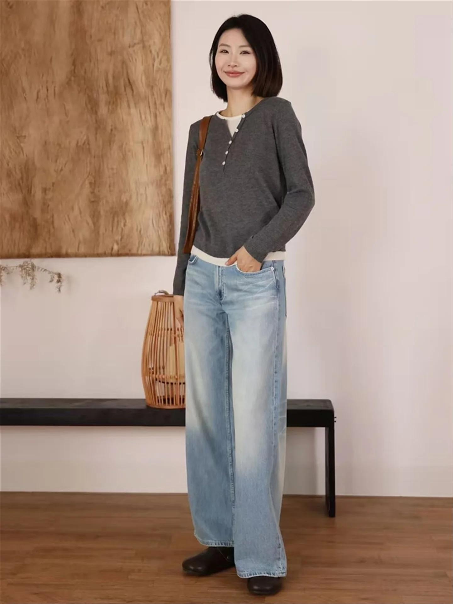 

Light Blue Wide Leg Jeans Women Loose Drapey Tall Extended American Vibe Low Waist Straight Leg Pants Casual Wash Cotton
