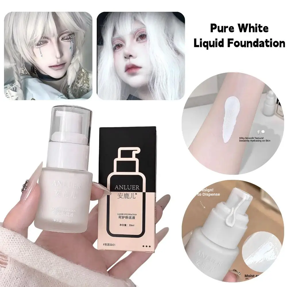 Base líquida branca pura, 30ml, à prova d'água, cobertura total, longa duração, base de maquiagem facial para cosplay, palco de halloween