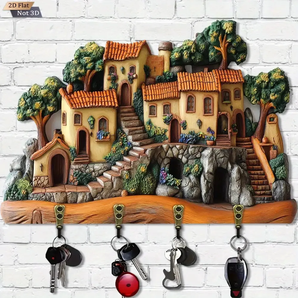 Solid 2DWooden Key Holder Wall Mount Mediterranean Tuscan Village Decor Key Rack Entryway Hallway Front Door Home Organizer