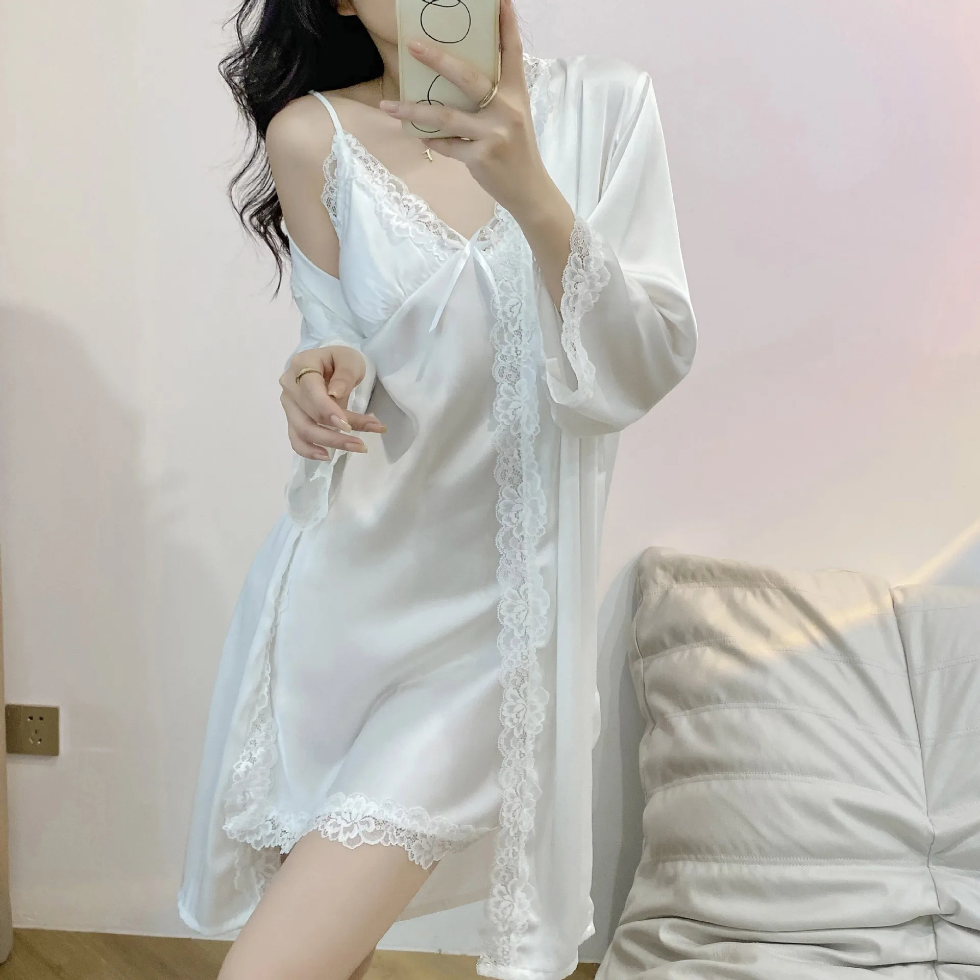 White Silk Satin Bride Bridesmaid Wedding Robe Female Suspender Nightgown Sleepwear Spring Summer Loose Home Dress Loungewear